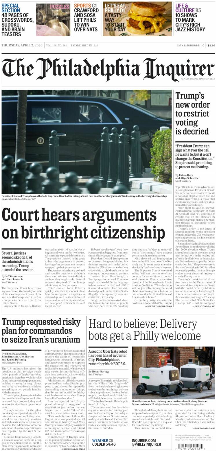 Portada de Philadelphia Inquirer (USA)