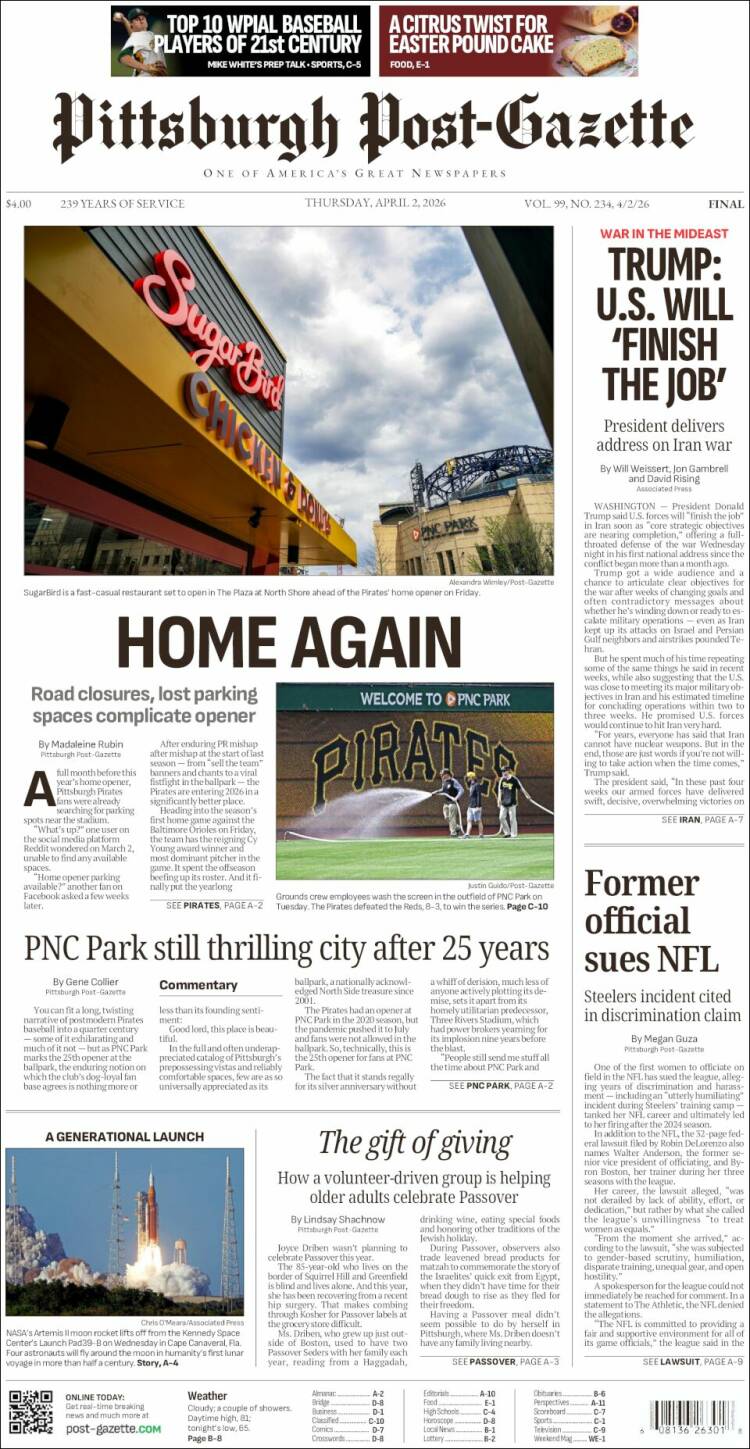 Portada de Pittsburgh Post-Gazette (USA)