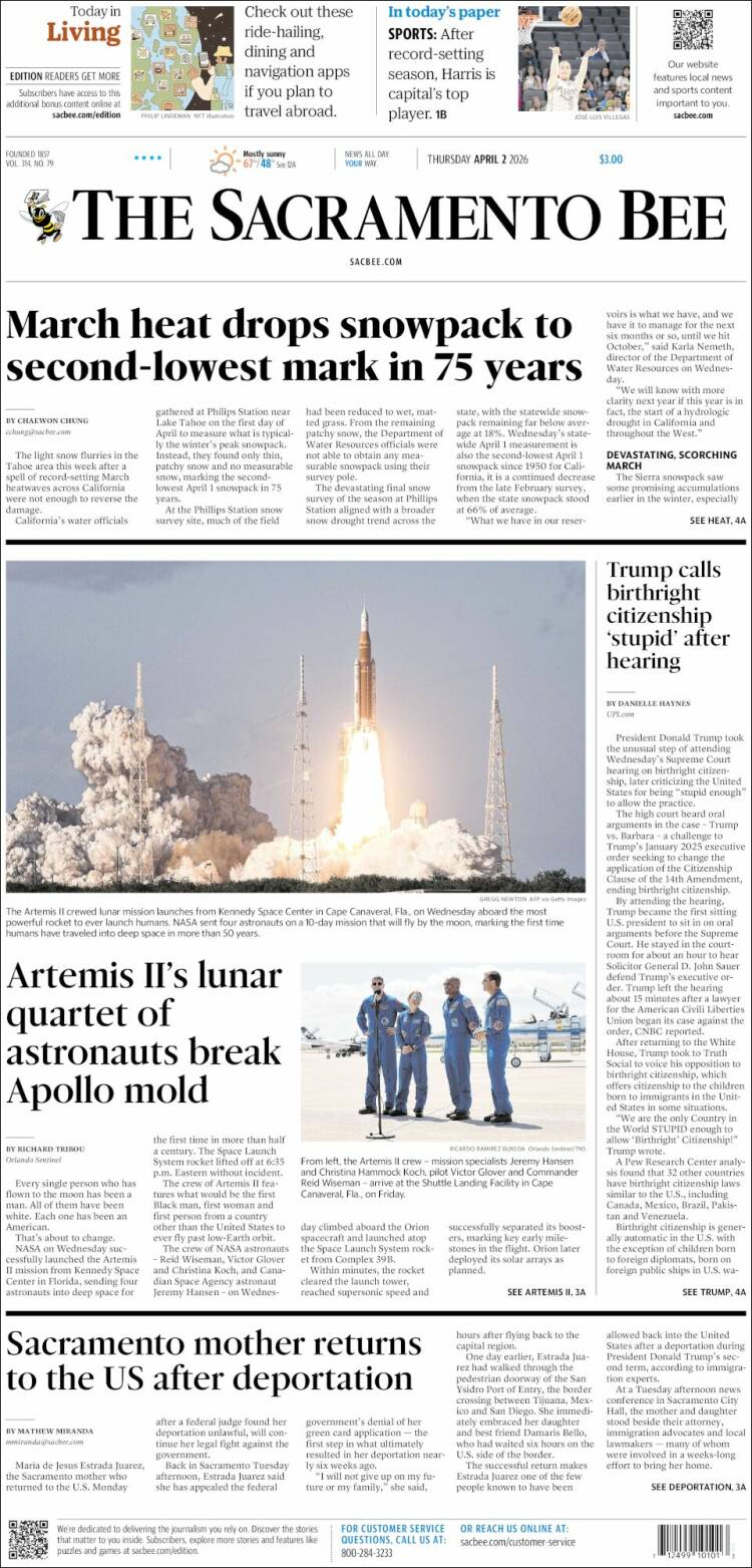 Portada de The Sacramento Bee (USA)