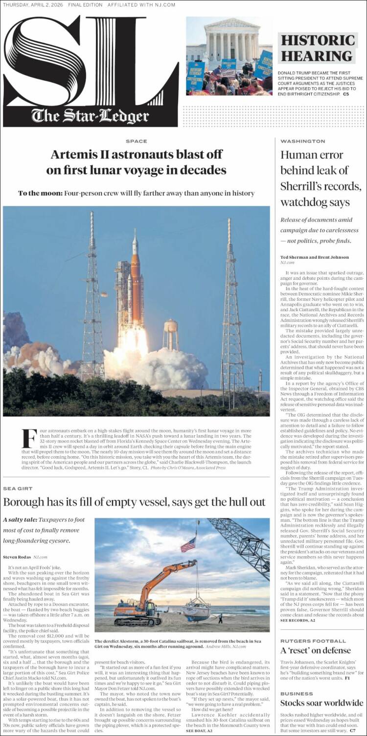 Portada de Star-Ledger (USA)