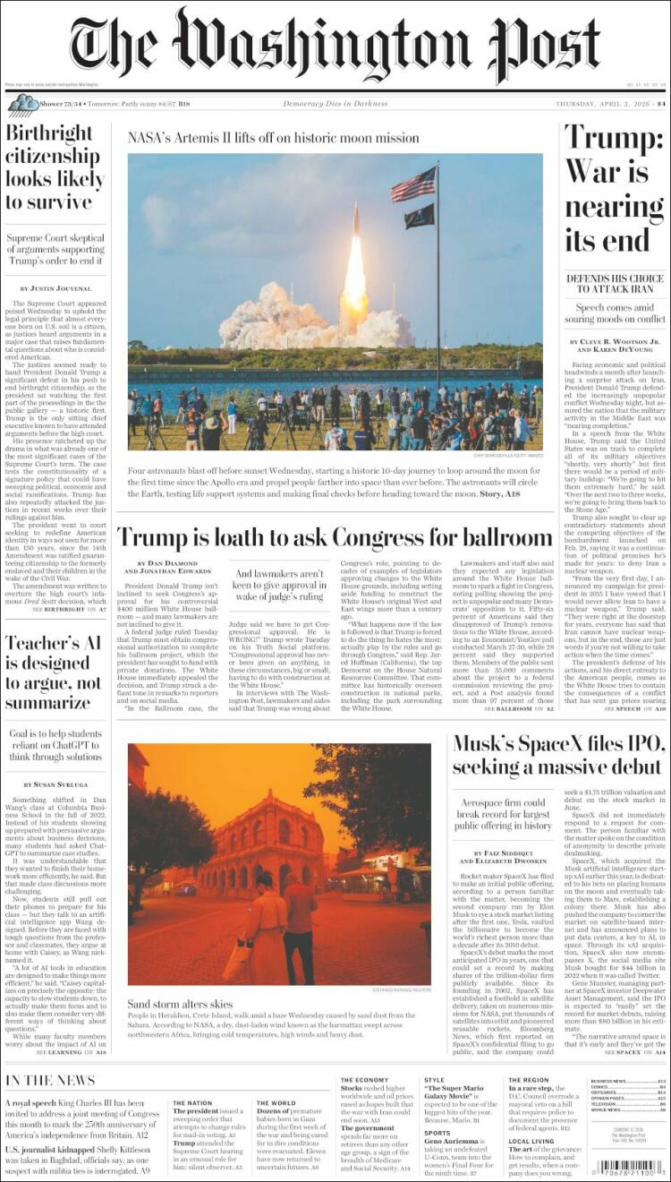 Portada de The Washington Post (USA)