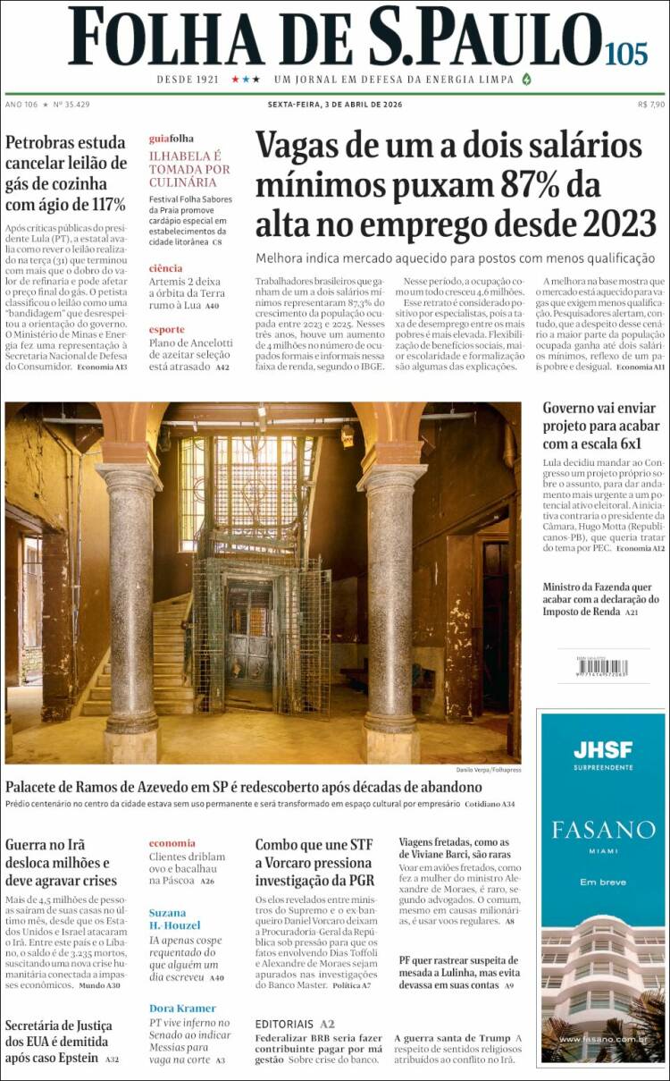 Portada de Folha de São Paulo (Brasil)