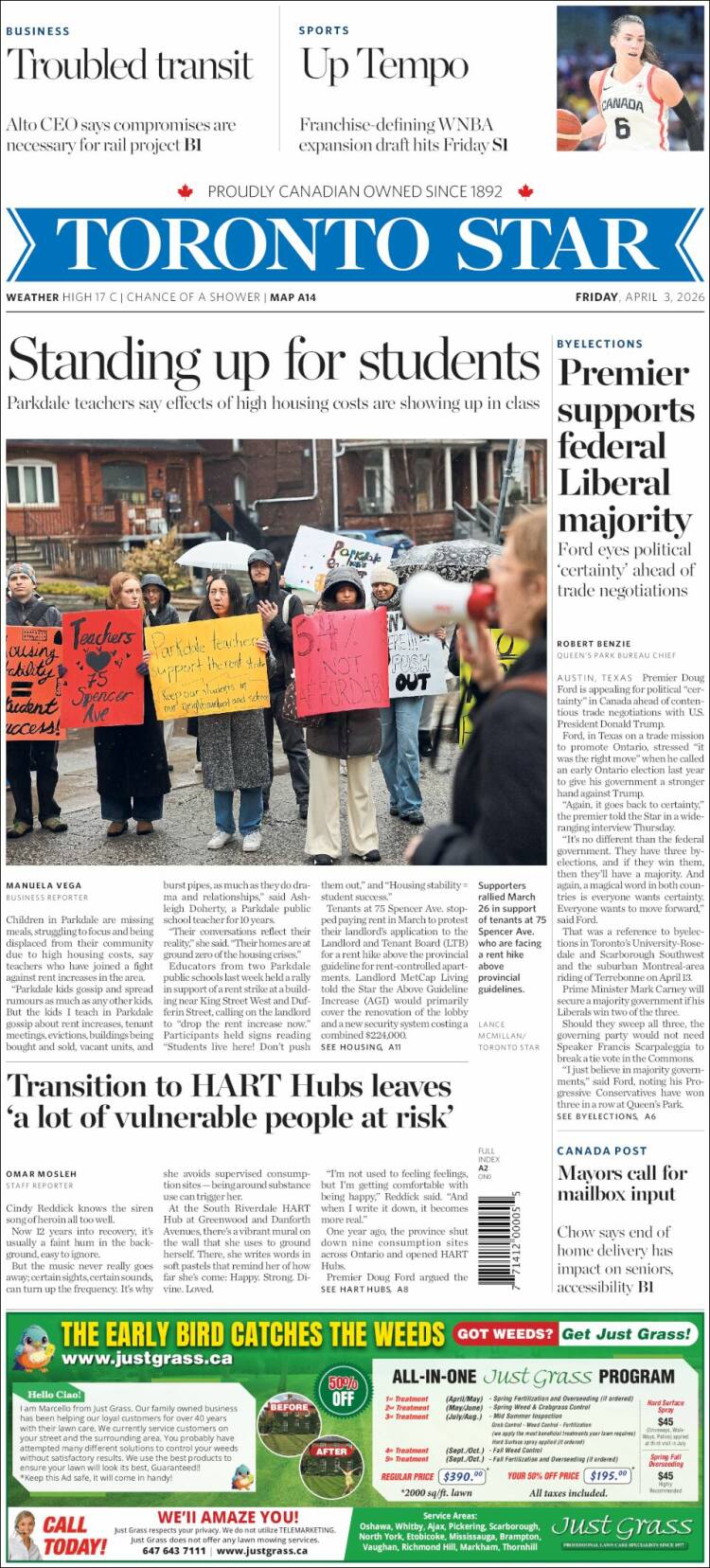 Portada de The Toronto Star (Canad&aacute;)