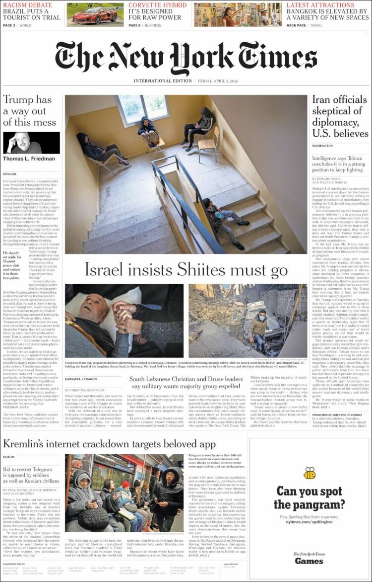 Portada de International New York Times (Europa)