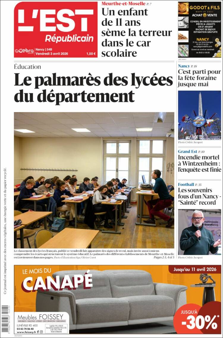 Portada de L'Est Republicain (Francia)