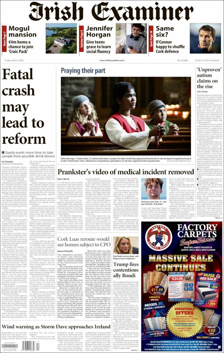 Portada de Irish Examiner (Irlanda)