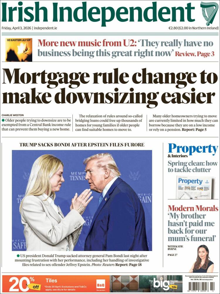 Portada de Irish Independent (Irlanda)