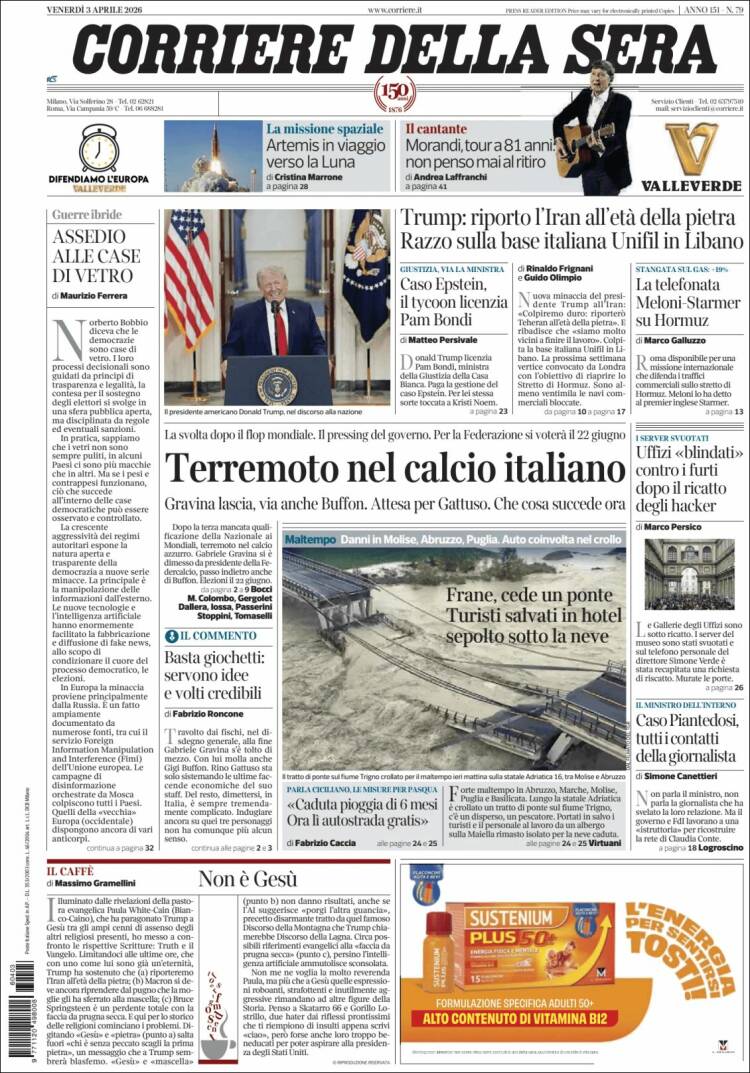 Portada de Corriere della Sera (Italia)