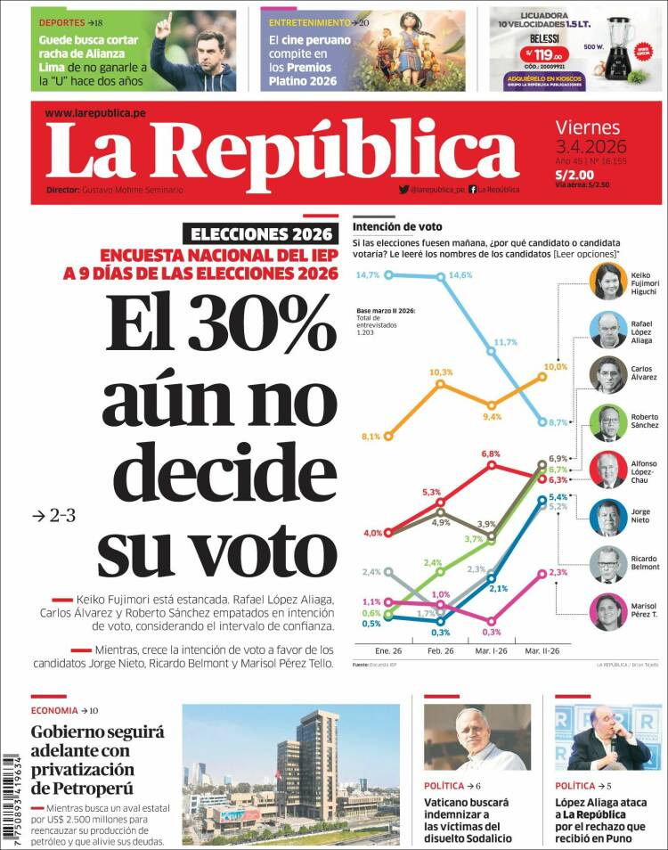 Portada de La Republica (Per&uacute;)