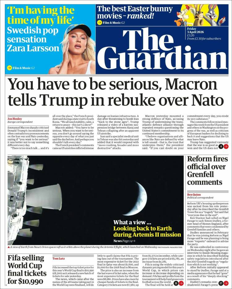 Portada de The Guardian (Reino Unido)