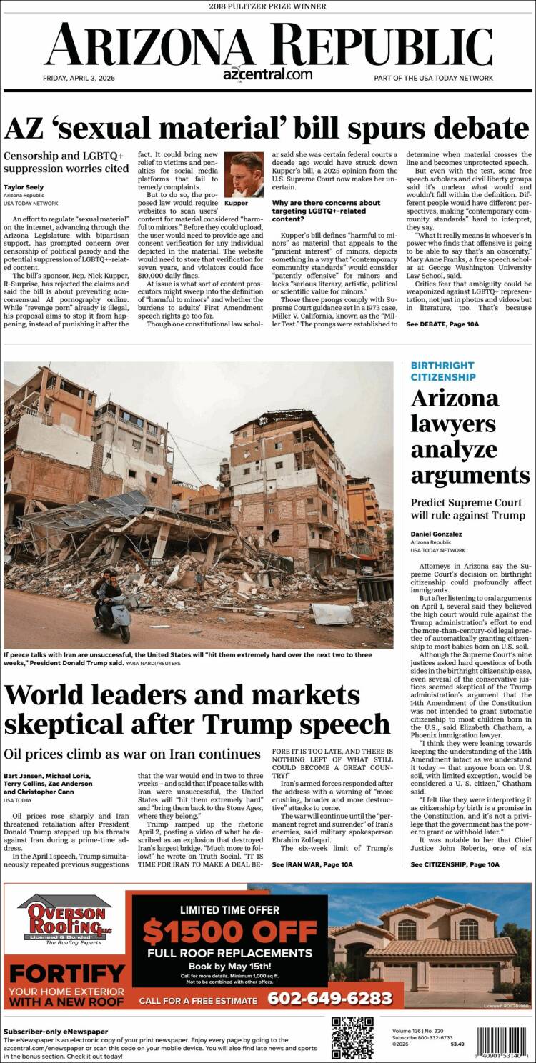Portada de Arizona Republic News (USA)