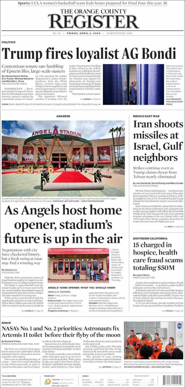 Portada de The Orange County Register (USA)