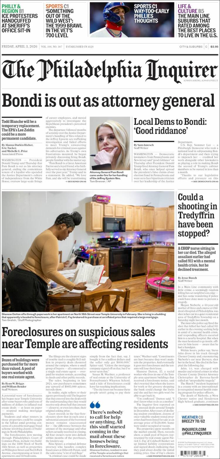 Portada de Philadelphia Inquirer (USA)