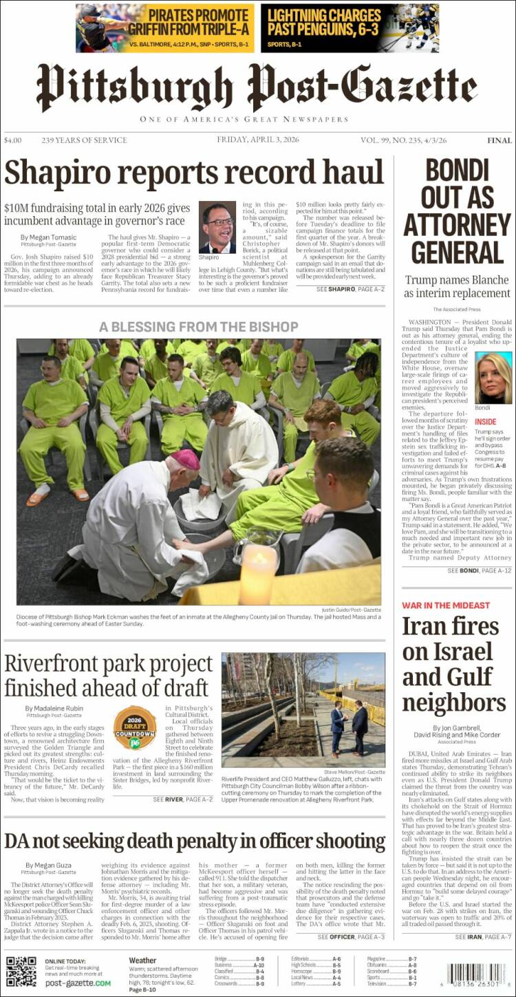 Portada de Pittsburgh Post-Gazette (USA)