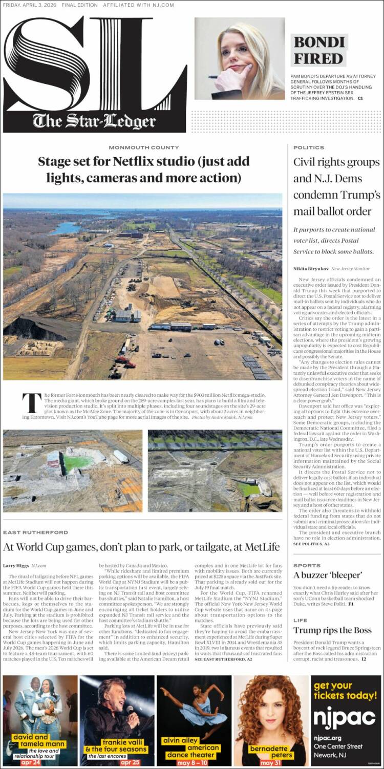 Portada de Star-Ledger (USA)