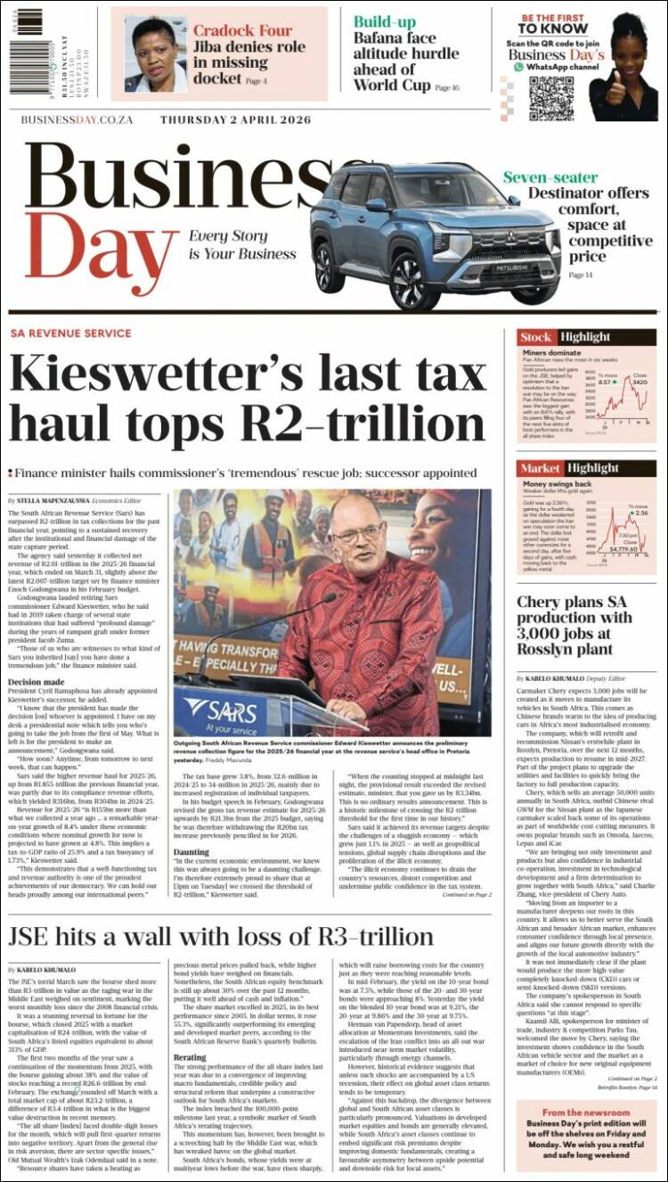 Portada de Business Day (Sud&aacute;frica)