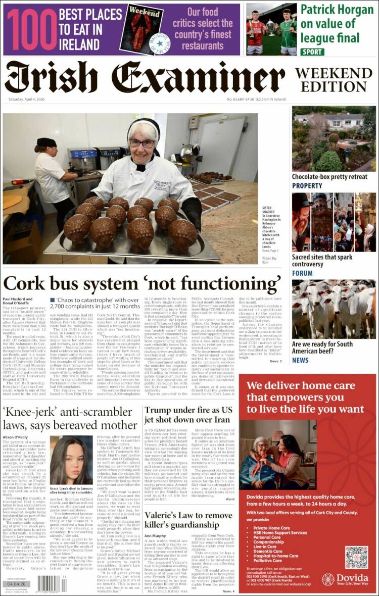 Portada de Irish Examiner (Irlanda)