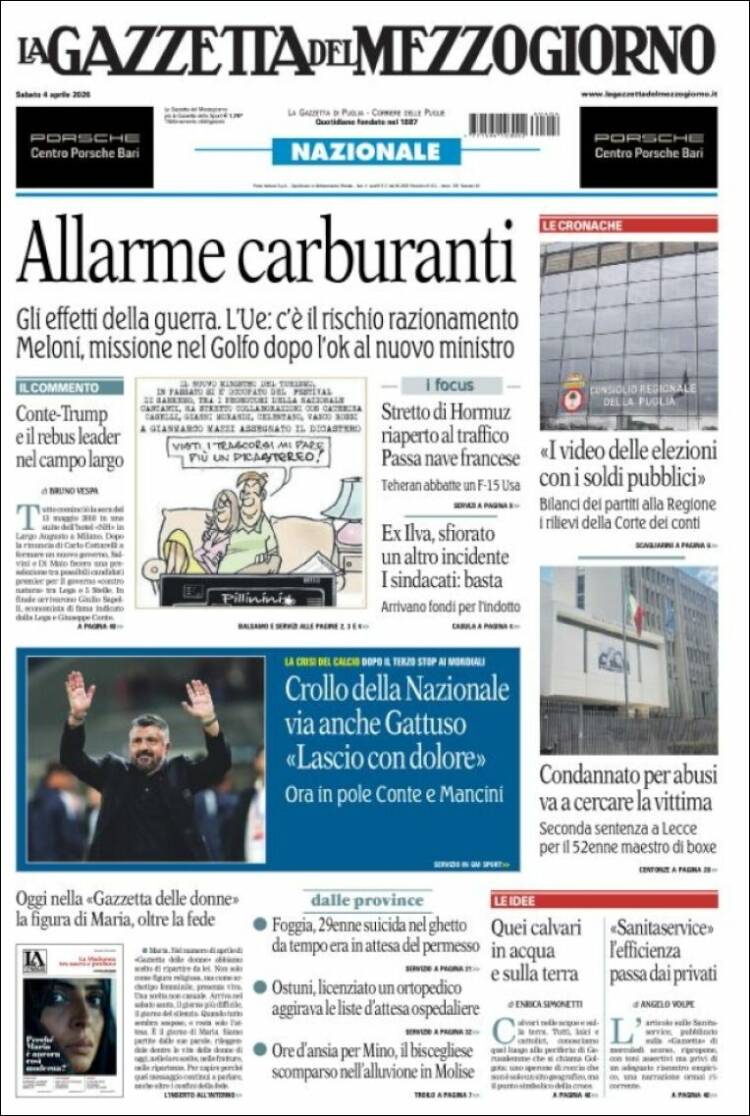 Portada de La Gazzetta del Mezzogiorno (Italia)