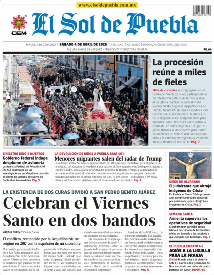 Portada de El Sol de Puebla (M&eacute;xico)