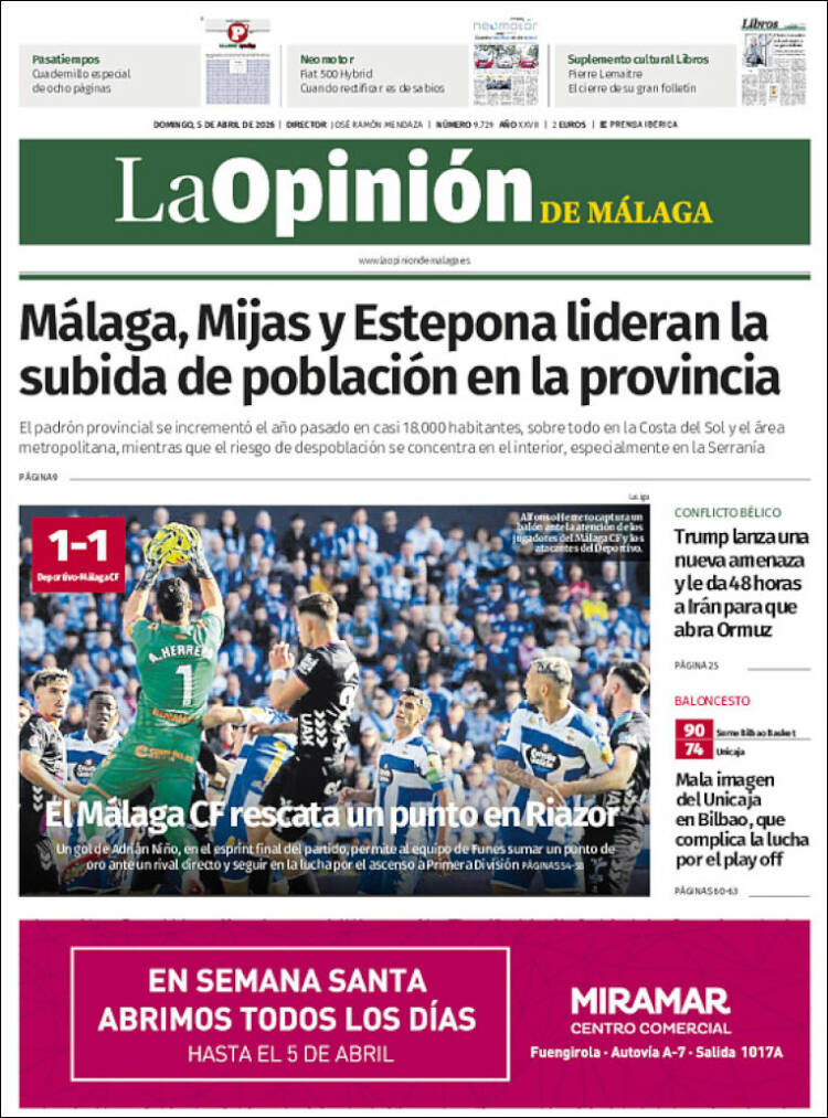Portada de La Opinión de Málaga (Espa&ntilde;a)