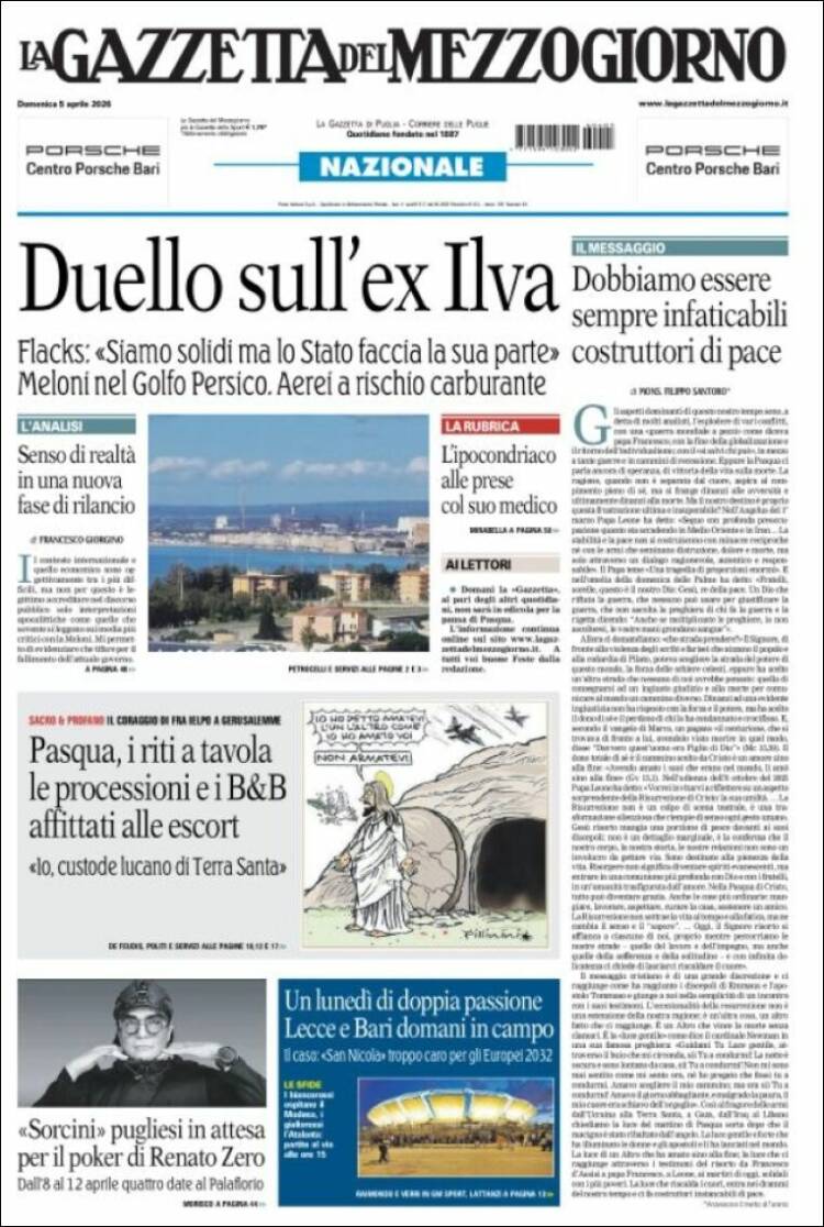 Portada de La Gazzetta del Mezzogiorno (Italia)