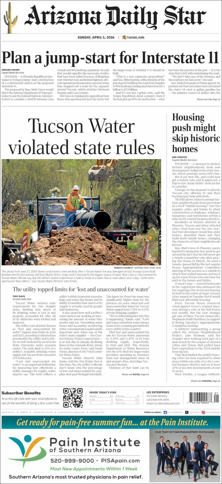 Portada de Arizona Daily Star (USA)