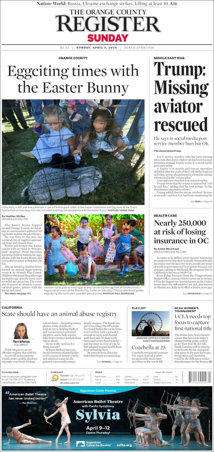 Portada de The Orange County Register (USA)