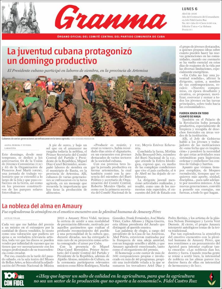 Portada de Granma (Cuba)