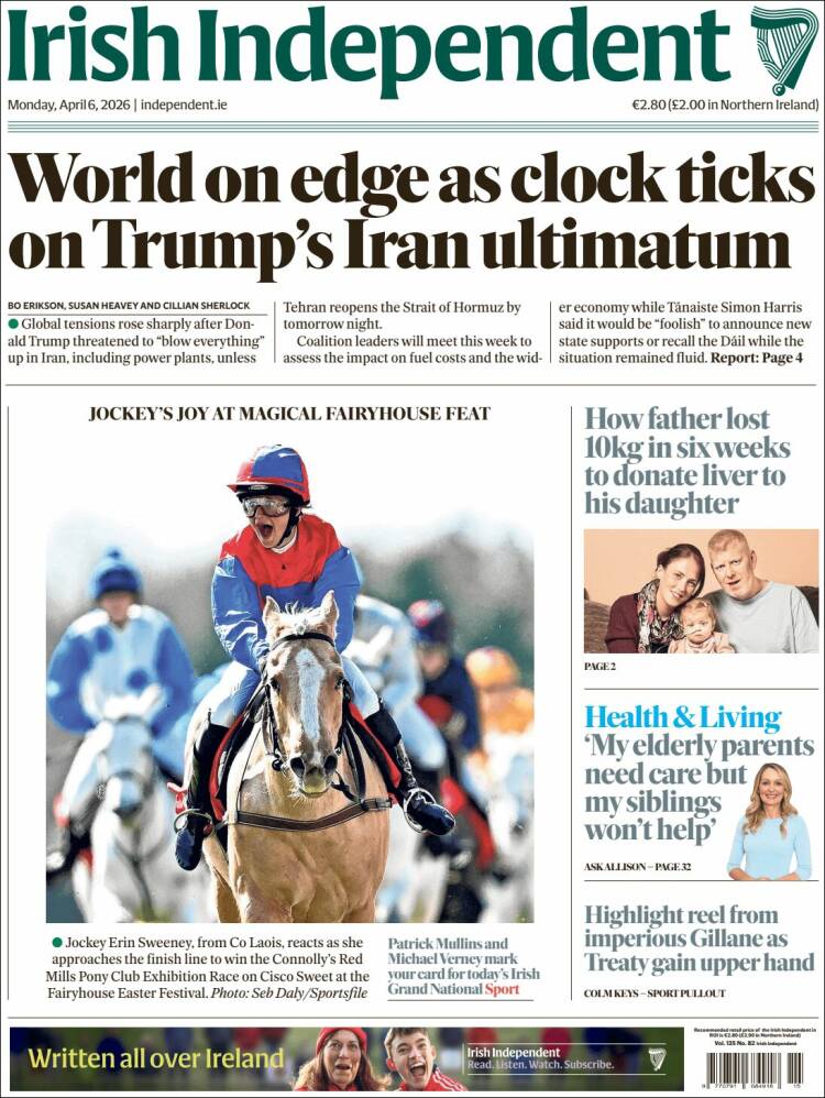 Portada de Irish Independent (Irlanda)