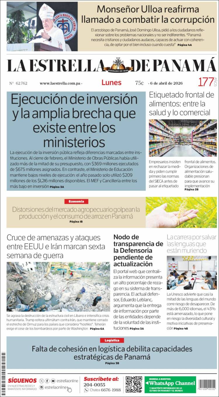 Portada de La Estrella de Panamá (Panam&aacute;)