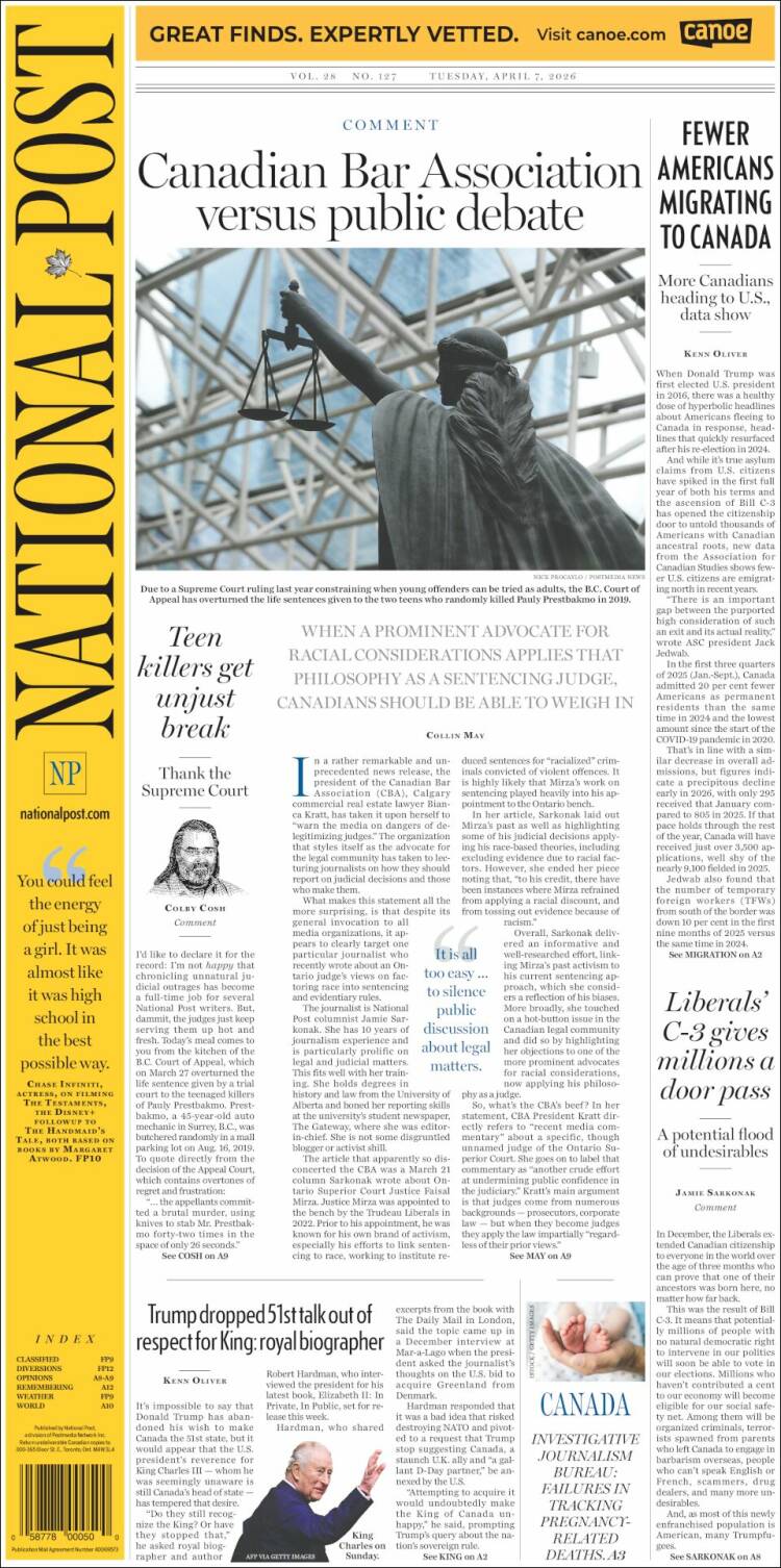 Portada de The National Post (Canada)