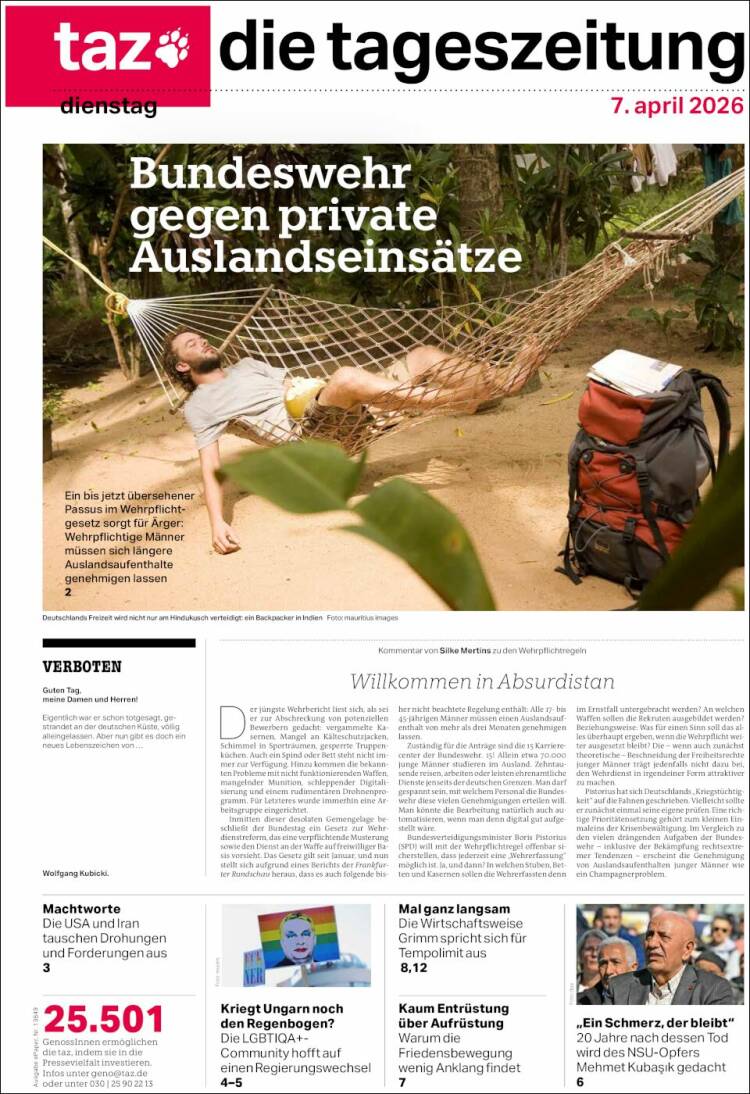 Portada de Die Tageszeitung (Alemania)