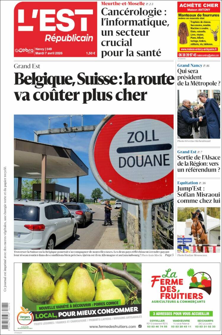 Portada de L'Est Republicain (Francia)