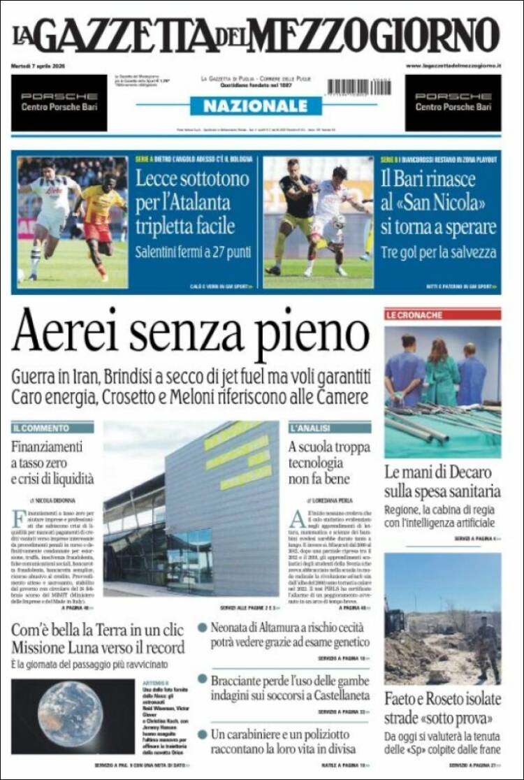 Portada de La Gazzetta del Mezzogiorno (Italia)