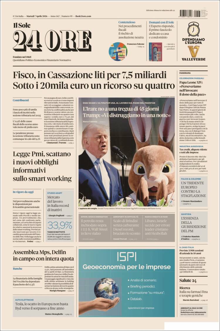 Portada de Il Sole 24 ORE (Italie)