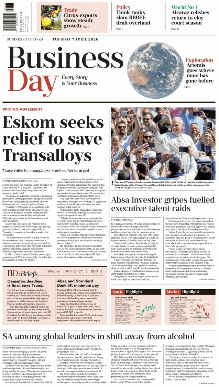 Portada de Business Day (Sud&aacute;frica)