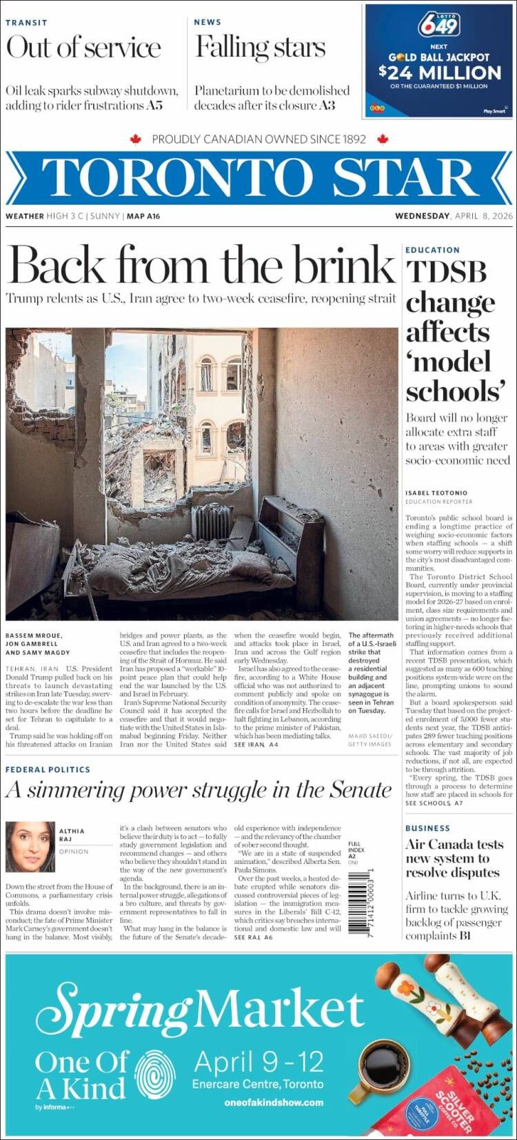 Portada de The Toronto Star (Canad&aacute;)