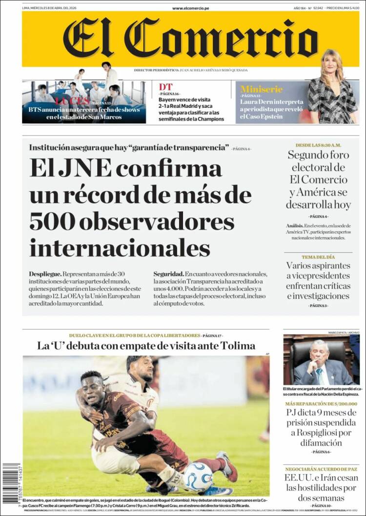 Portada de El Comercio (Per&uacute;)