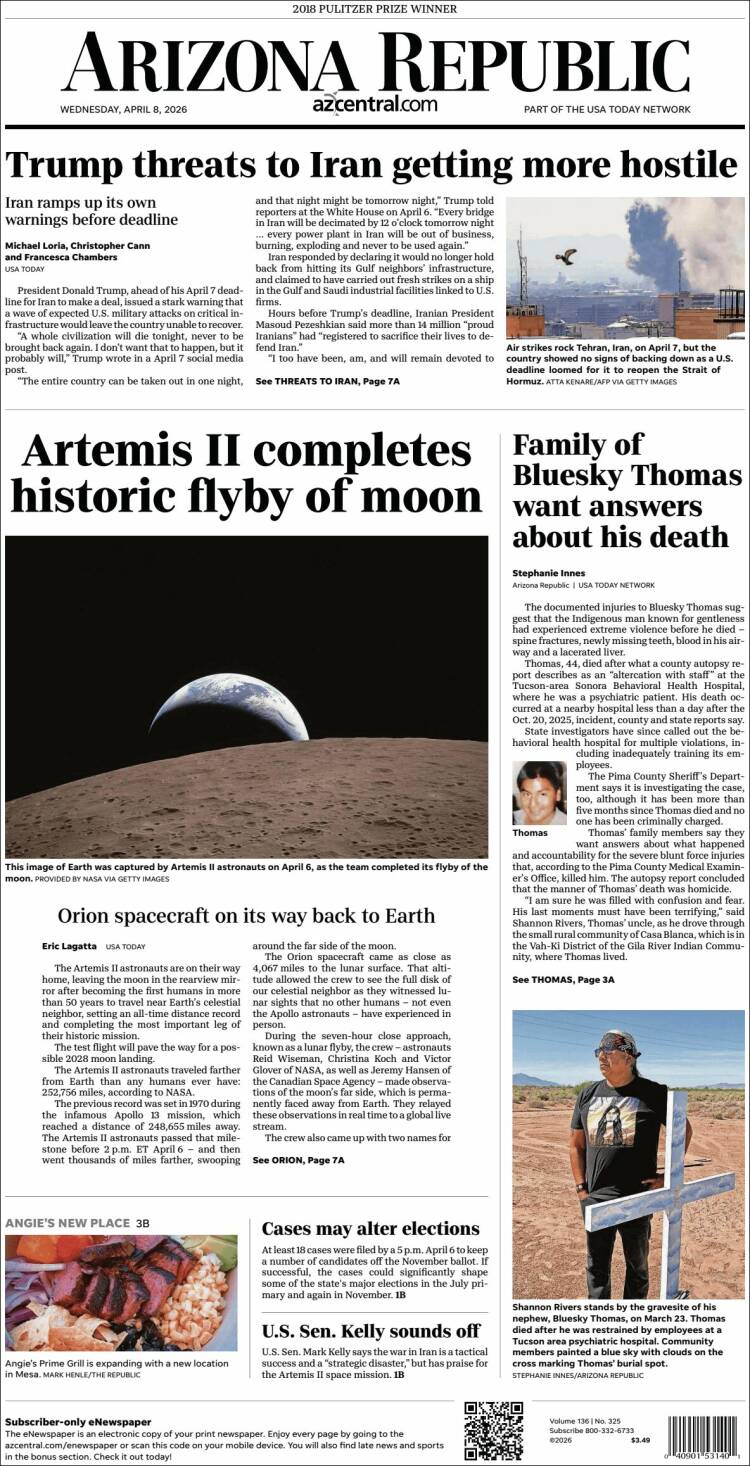 Portada de Arizona Republic News (USA)