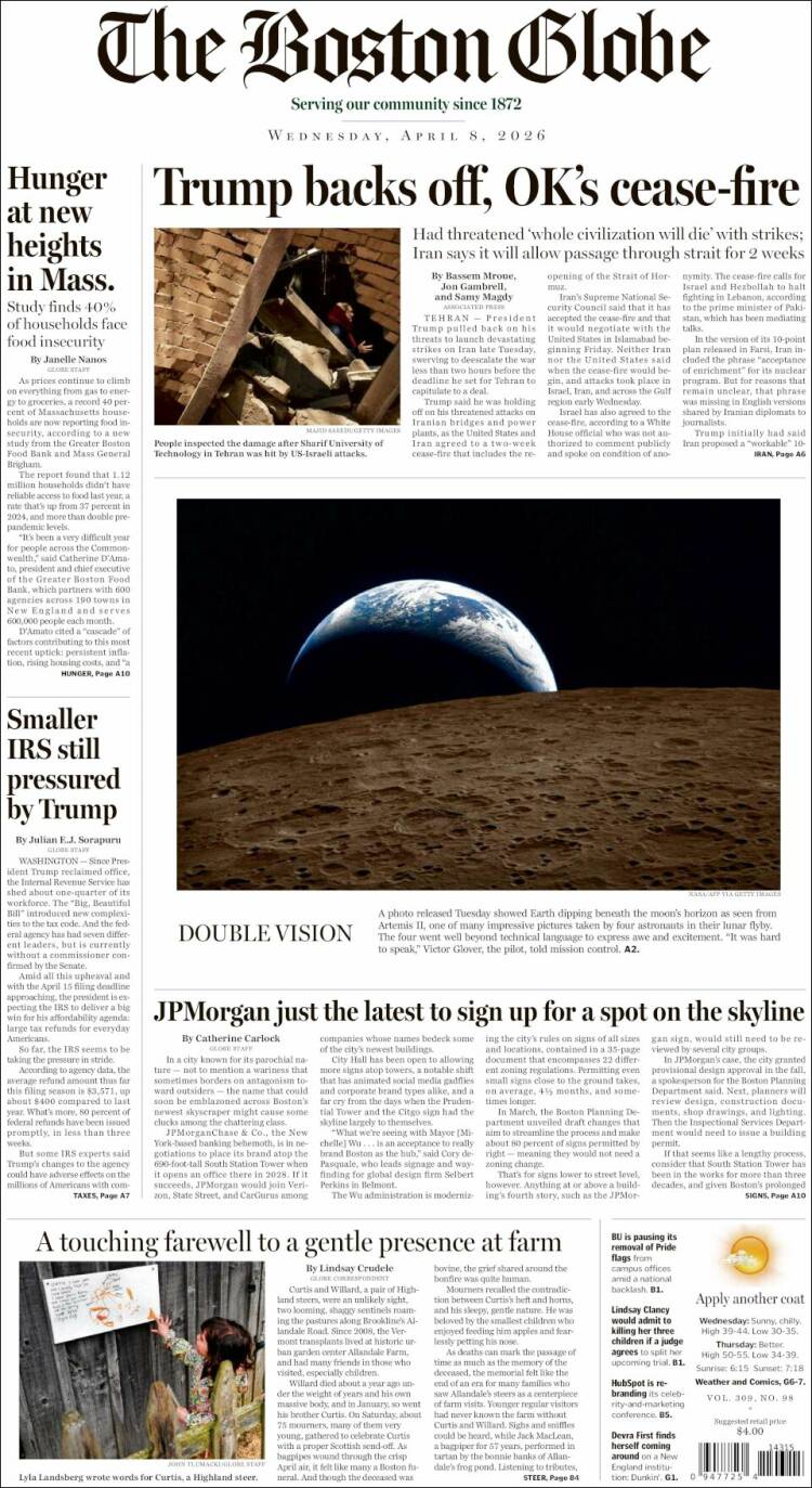 Portada de Boston Globe (USA)