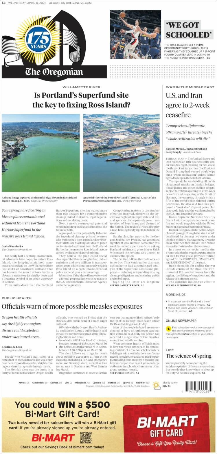 Portada de The Oregonian (USA)