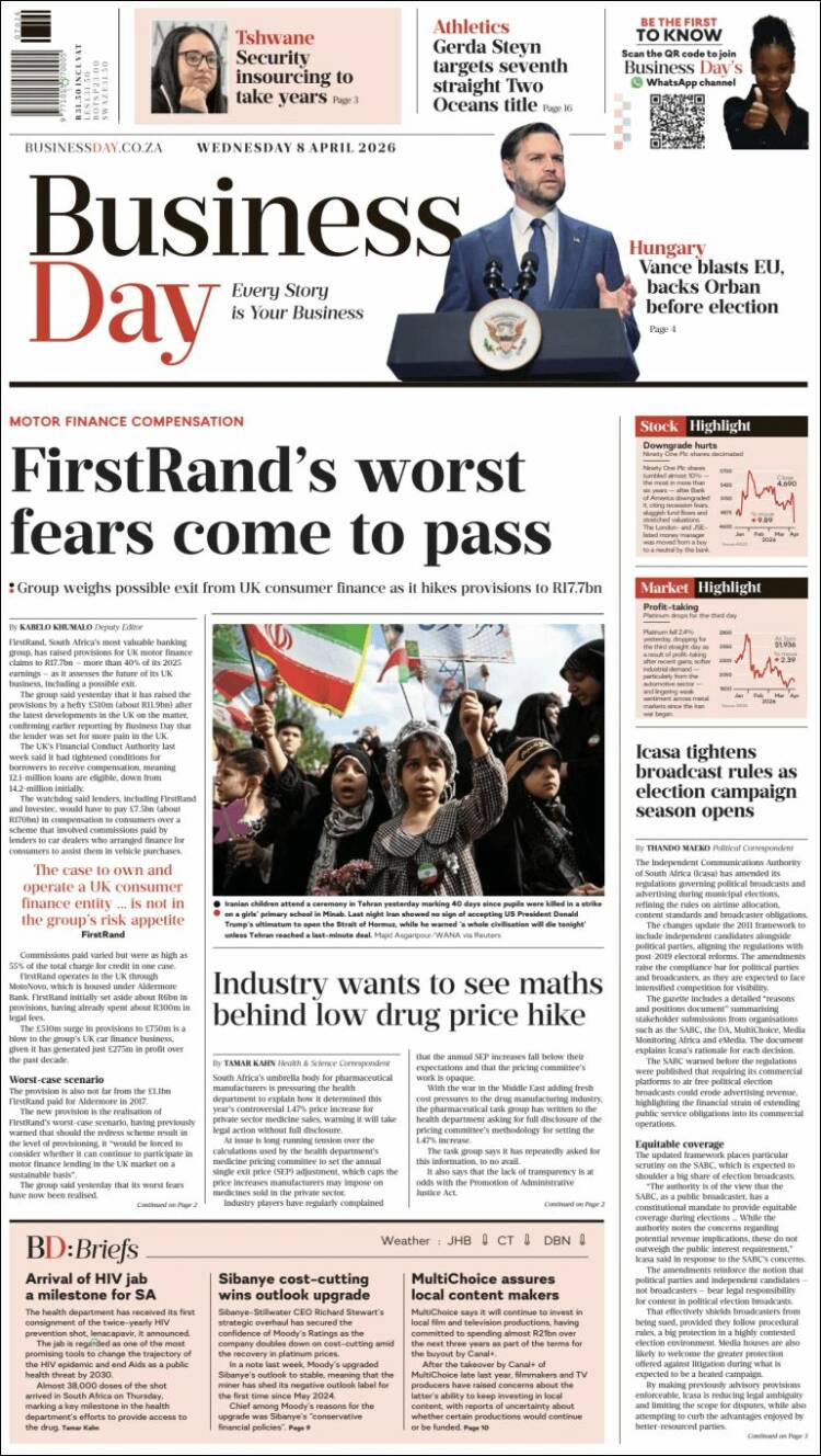 Portada de Business Day (Sud&aacute;frica)