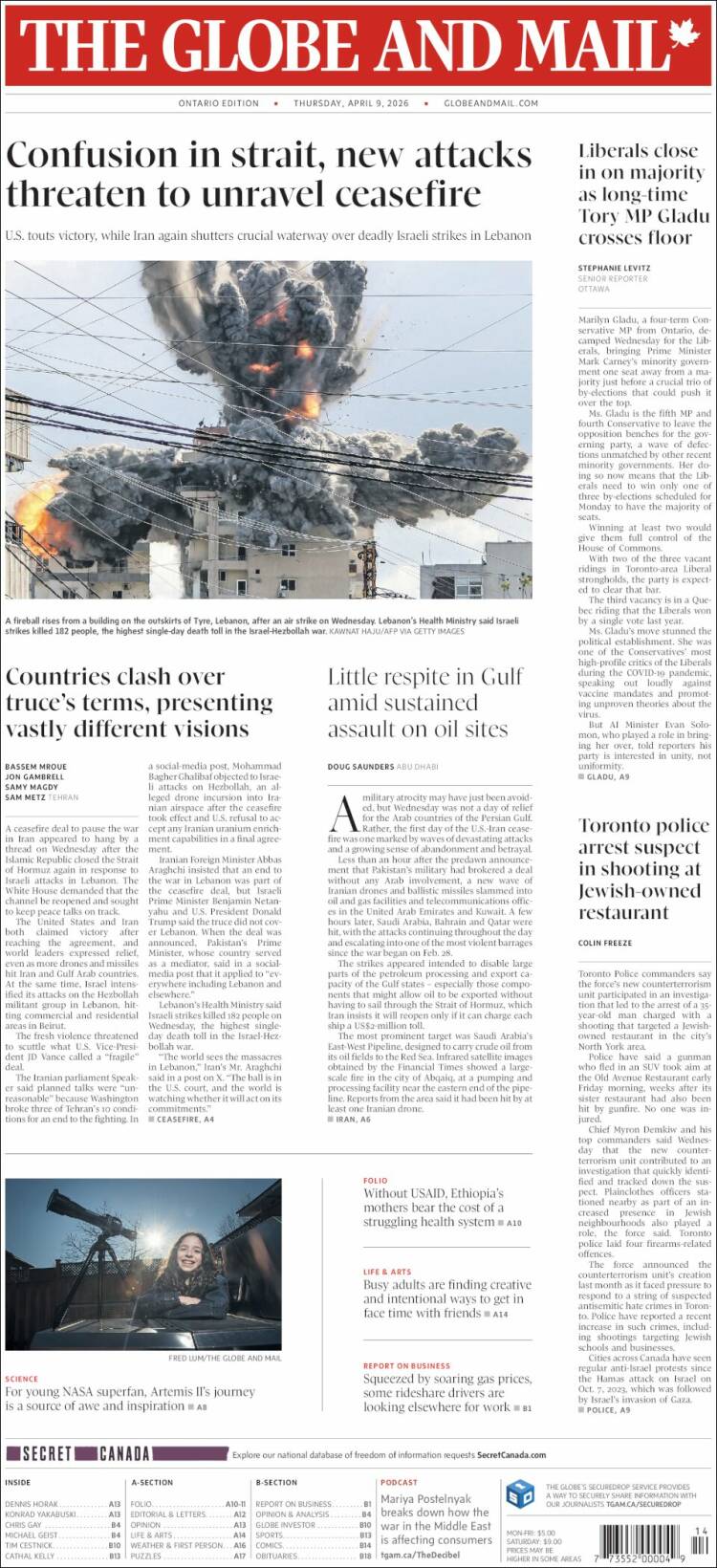 Portada de The Globe and Mail (Canad&aacute;)