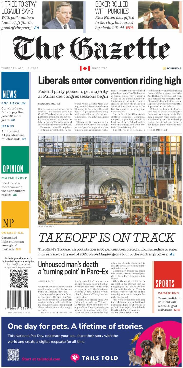 Portada de The Gazette (Canad&aacute;)