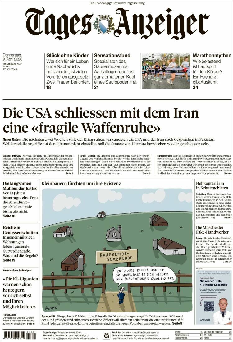 Portada de Tages-Anzeiger (Suiza)