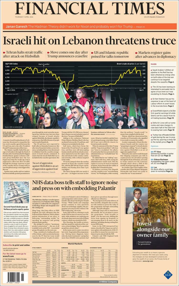 Portada de Financial Times (Reino Unido)