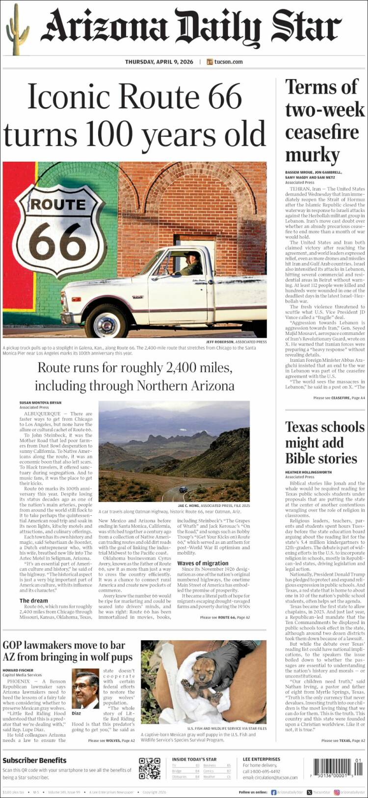 Portada de Arizona Daily Star (USA)