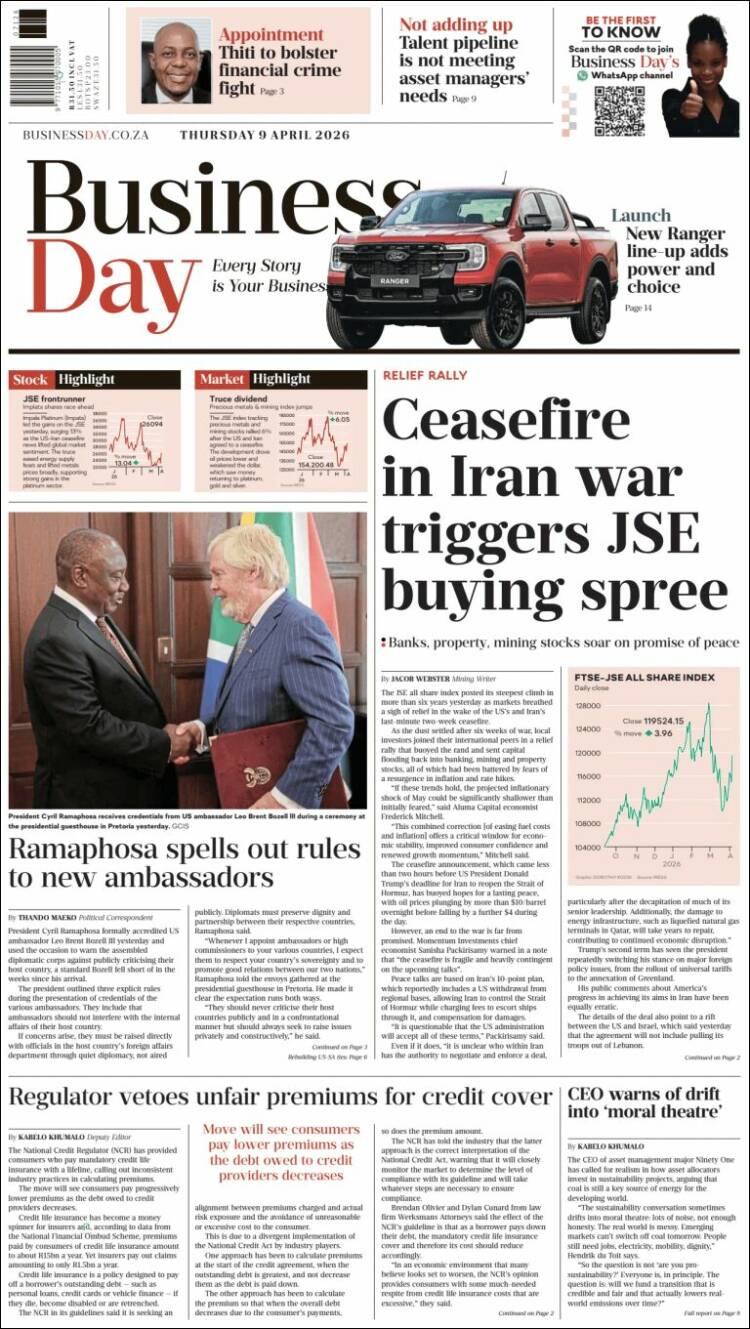 Portada de Business Day (Sud&aacute;frica)