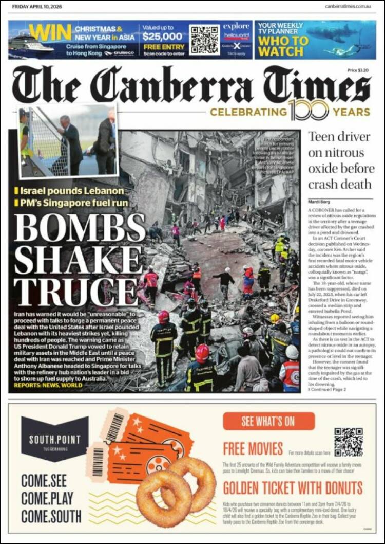 Portada de The Canberra Times (Australia)