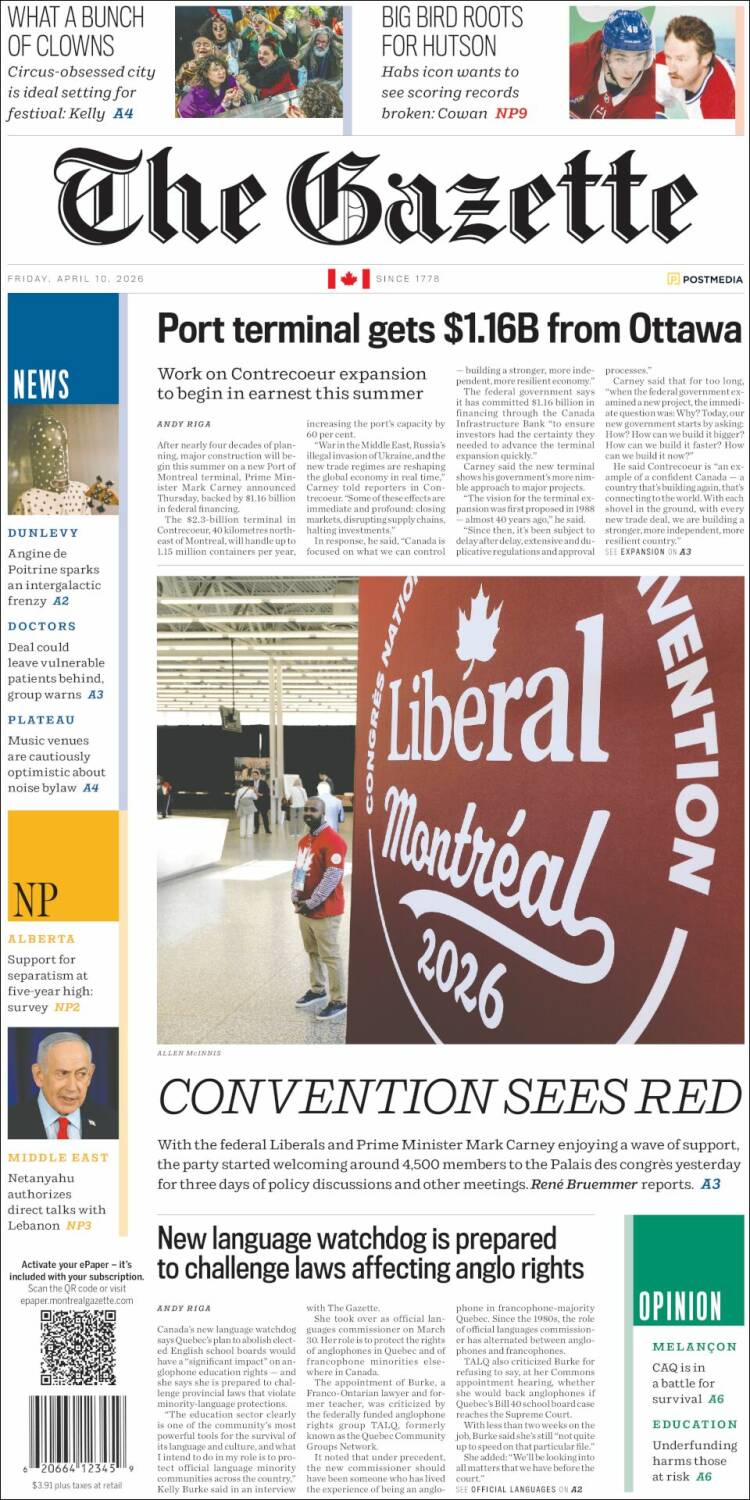 Portada de The Gazette (Canad&aacute;)